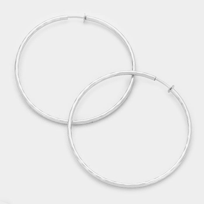 3.25" Textured Metal Hoop Clip-On Earrings (Pair)